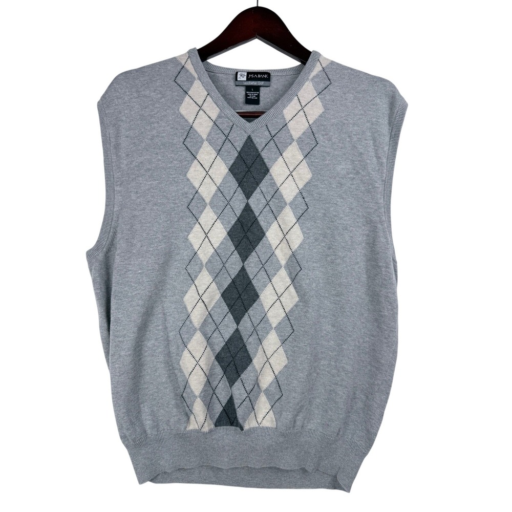JOS A BANK Mens Argyle Sweater Vest Size L V Neck Sleeveless Pima Cotton